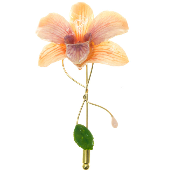 Dendrobium Orchid and Rose Leaf Stickpin Brooch - Peach