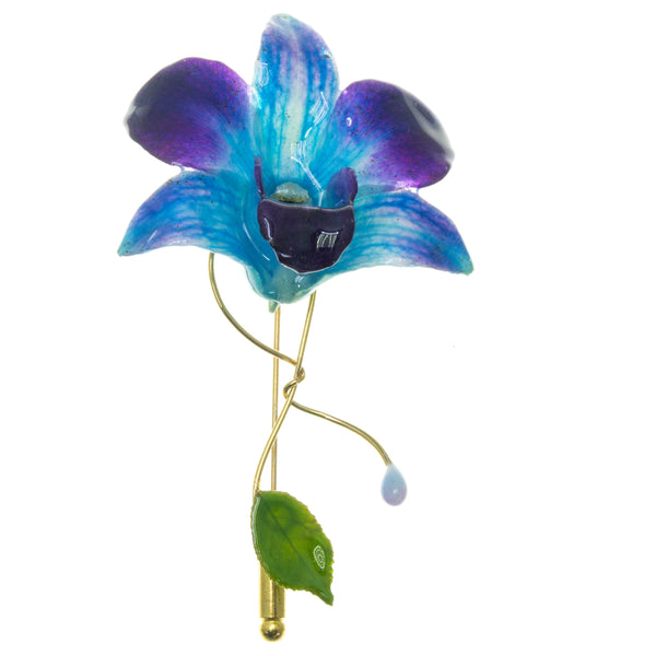 Dendrobium Orchid and Rose Leaf Stickpin Brooch - Purple Blue