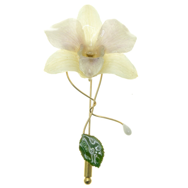 Dendrobium Orchid and Rose Leaf Stickpin Brooch - White