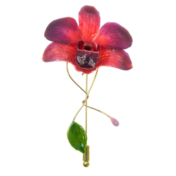 Dendrobium Orchid and Rose Leaf Stickpin Brooch - Purple Red