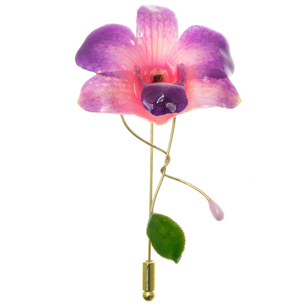 Dendrobium Orchid and Rose Leaf Stickpin Brooch - Purple Pink