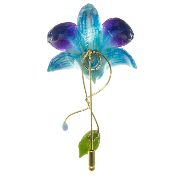 Dendrobium Orchid and Rose Leaf Stickpin Brooch - Purple Blue