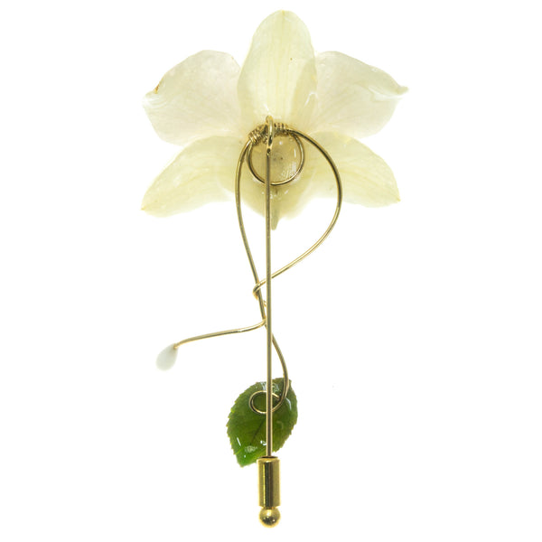 Dendrobium Orchid and Rose Leaf Stickpin Brooch - White