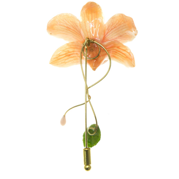 Dendrobium Orchid and Rose Leaf Stickpin Brooch - Peach