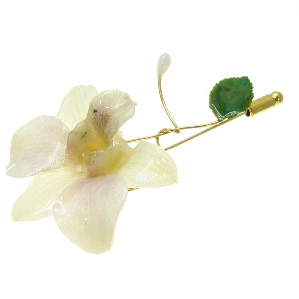 Dendrobium Orchid and Rose Leaf Stickpin Brooch - White