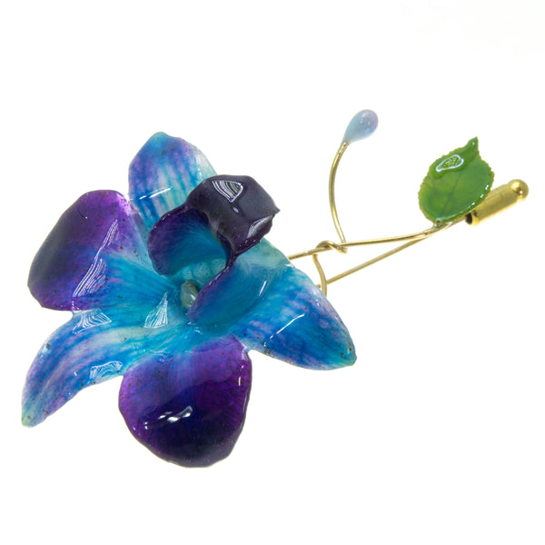 Dendrobium Orchid and Rose Leaf Stickpin Brooch - Purple Blue