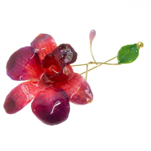 Dendrobium Orchid and Rose Leaf Stickpin Brooch - Purple Red