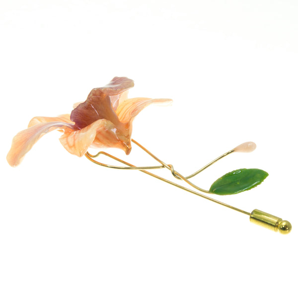 Dendrobium Orchid and Rose Leaf Stickpin Brooch - Peach