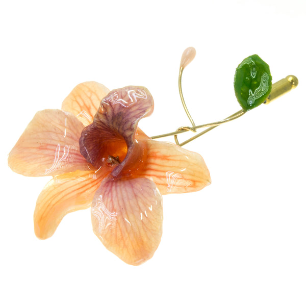 Dendrobium Orchid and Rose Leaf Stickpin Brooch - Peach