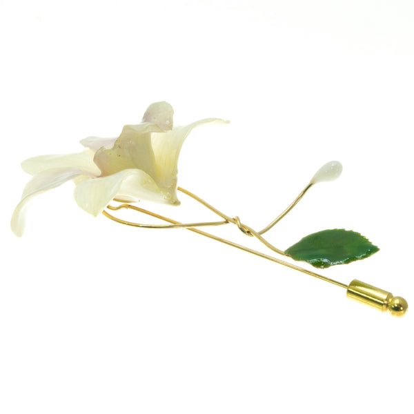 Dendrobium Orchid and Rose Leaf Stickpin Brooch - White