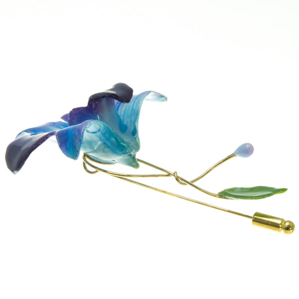 Dendrobium Orchid and Rose Leaf Stickpin Brooch - Purple Blue