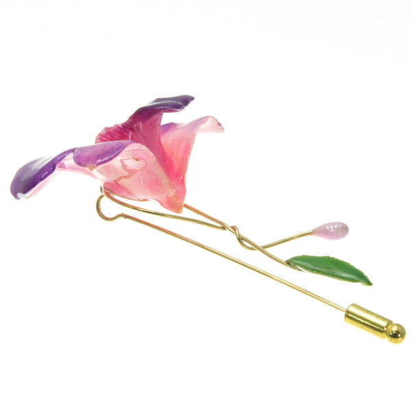 Dendrobium Orchid and Rose Leaf Stickpin Brooch - Purple Pink