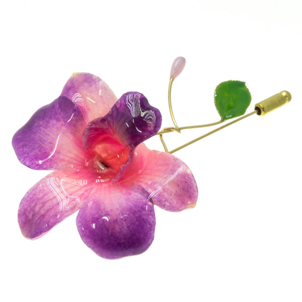 Dendrobium Orchid and Rose Leaf Stickpin Brooch - Purple Pink