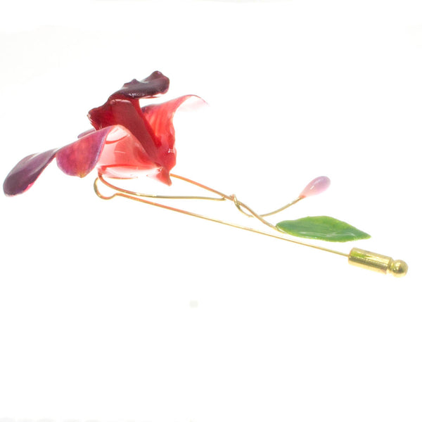 Dendrobium Orchid and Rose Leaf Stickpin Brooch - Purple Red