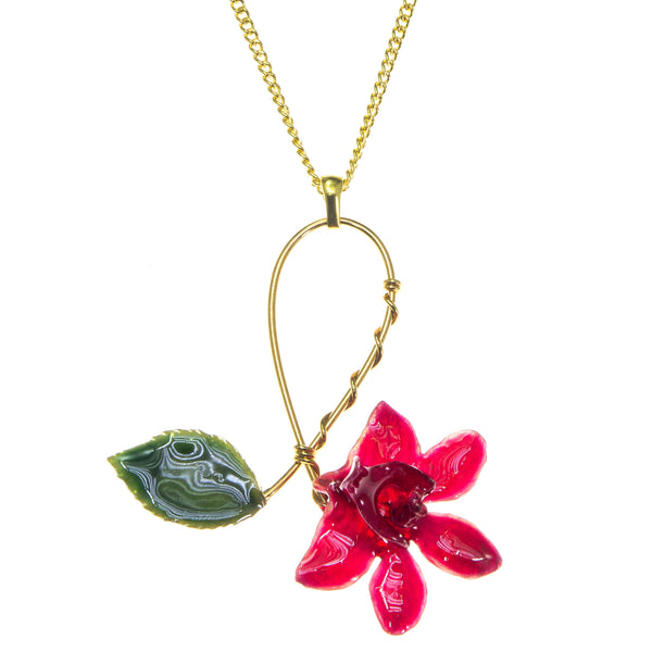 Doritis Orchid and Rose Leaf Pendant - Red