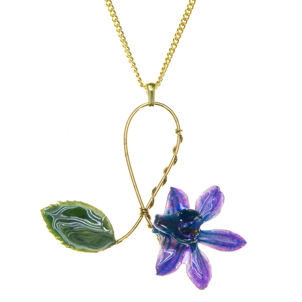 Doritis Orchid and Rose Leaf Pendant - Blue