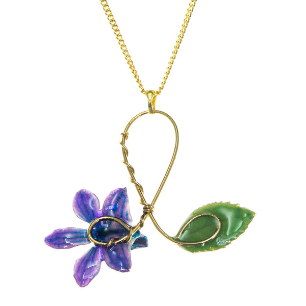 Doritis Orchid and Rose Leaf Pendant - Blue