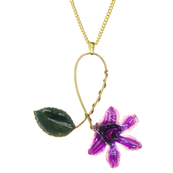 Doritis Orchid and Rose Leaf Pendant - Purple