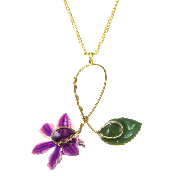 Doritis Orchid and Rose Leaf Pendant - Purple