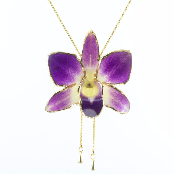 Dendrobium Orchid Gold Slider Necklace with Trim - Purple & White