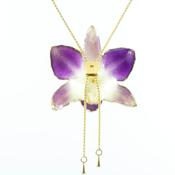 Dendrobium Orchid Gold Slider Necklace with Trim - Purple & White