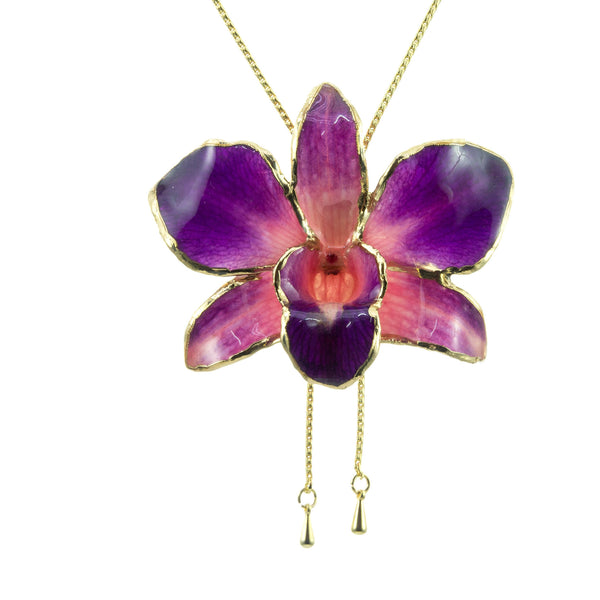 Dendrobium Orchid Gold Slider Necklace with Trim - Purple & Pink
