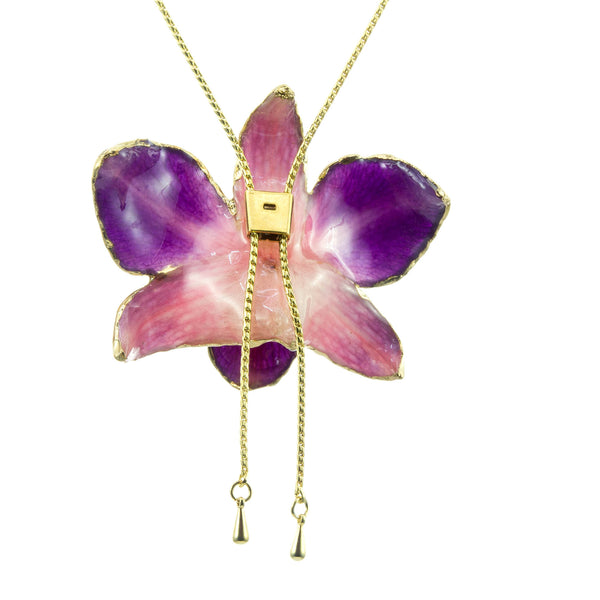 Dendrobium Orchid Gold Slider Necklace with Trim - Purple & Pink