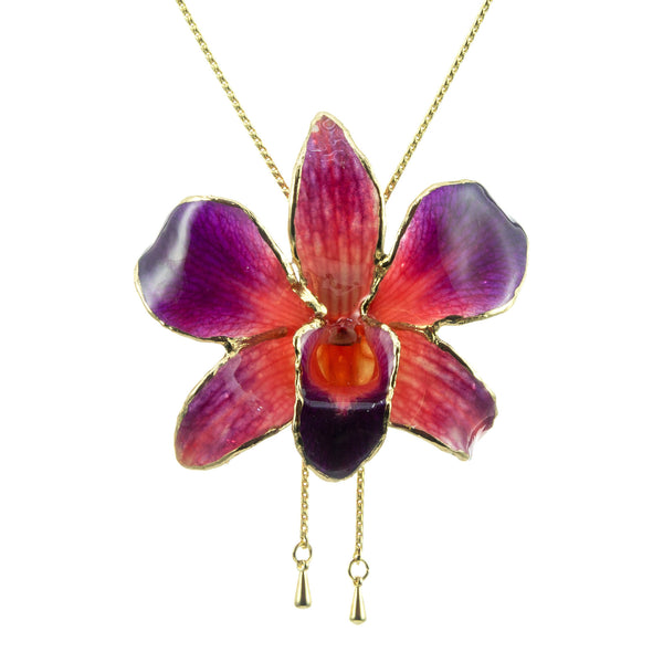 Dendrobium Orchid Gold Slider Necklace with Trim - Purple & Orange