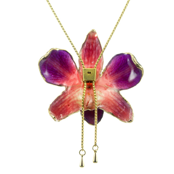 Dendrobium Orchid Gold Slider Necklace with Trim - Purple & Orange