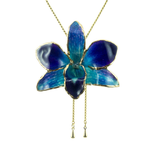 Dendrobium Orchid Gold Slider Necklace with Trim - Purple & Blue