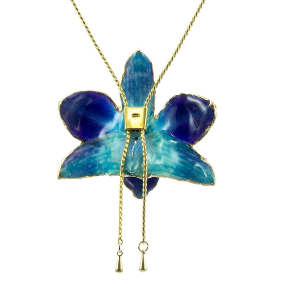 Dendrobium Orchid Gold Slider Necklace with Trim - Purple & Blue