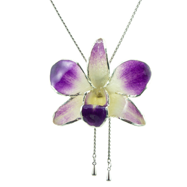 Dendrobium Orchid Silver Slider Necklace with Trim - Purple White