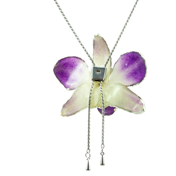 Dendrobium Orchid Silver Slider Necklace with Trim - Purple White