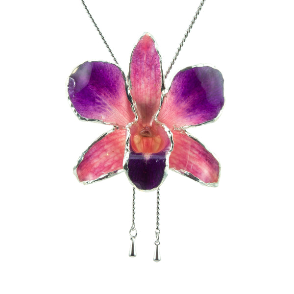 Dendrobium Orchid Silver Slider Necklace with Trim - Purple Pink