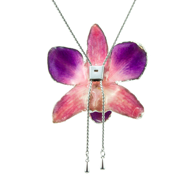 Dendrobium Orchid Silver Slider Necklace with Trim - Purple Pink