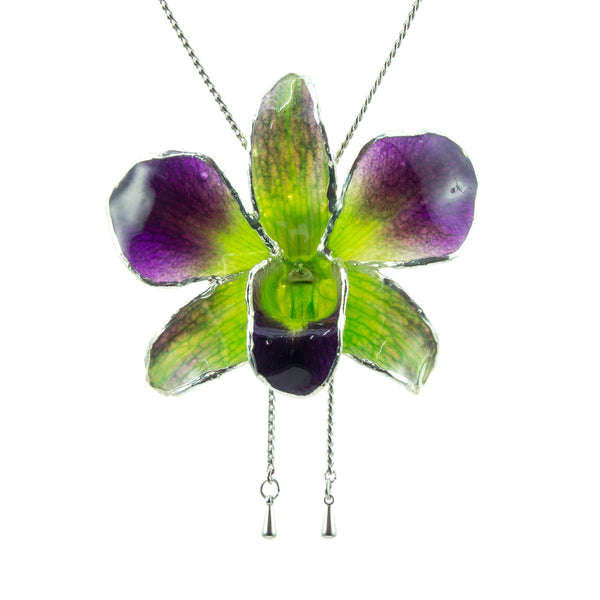 Dendrobium Orchid Silver Slider Necklace with Trim - Purple Green