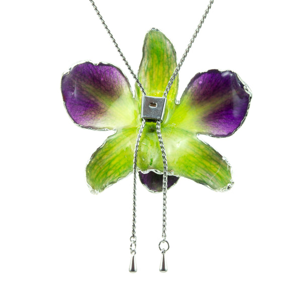 Dendrobium Orchid Silver Slider Necklace with Trim - Purple Green