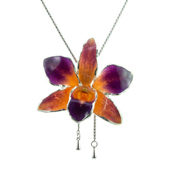 Dendrobium Orchid Silver Slider Necklace with Trim - Purple Orange