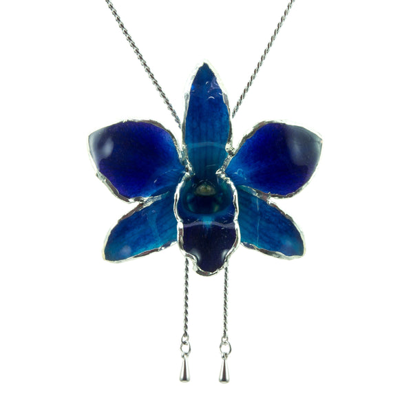 Dendrobium Orchid Silver Slider Necklace with Trim - Purple Blue