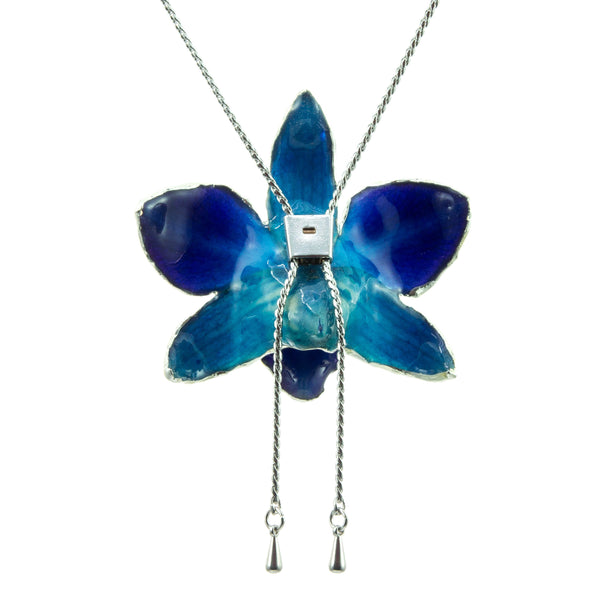 Dendrobium Orchid Silver Slider Necklace with Trim - Purple Blue