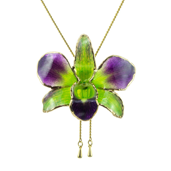 Dendrobium Orchid Gold Slider Necklace with Trim - Purple & Green
