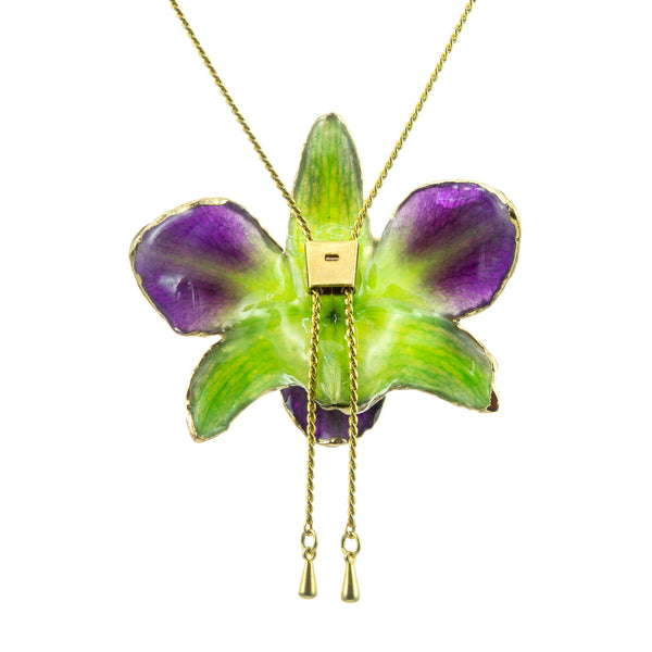 Dendrobium Orchid Gold Slider Necklace with Trim - Purple & Green