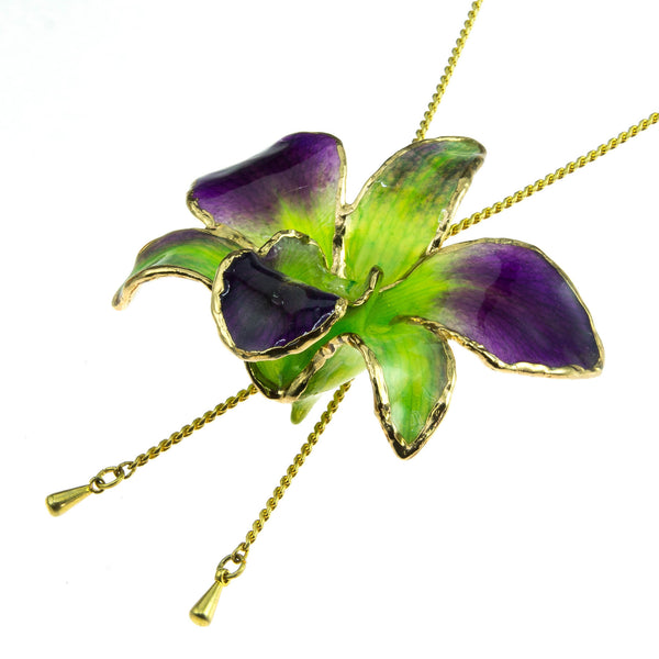 Dendrobium Orchid Gold Slider Necklace with Trim - Purple & Green