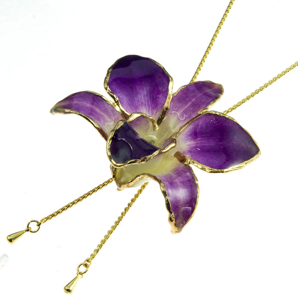 Dendrobium Orchid Gold Slider Necklace with Trim - Purple & White