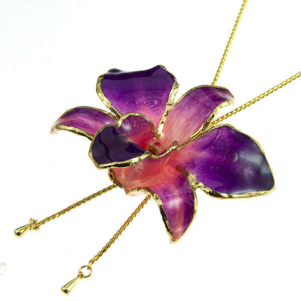 Dendrobium Orchid Gold Slider Necklace with Trim - Purple & Pink