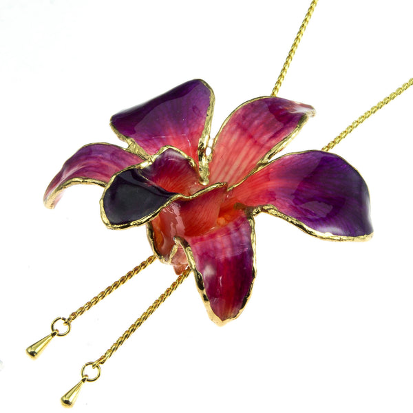 Dendrobium Orchid Gold Slider Necklace with Trim - Purple & Orange