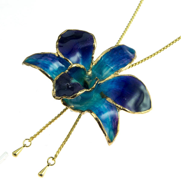 Dendrobium Orchid Gold Slider Necklace with Trim - Purple & Blue