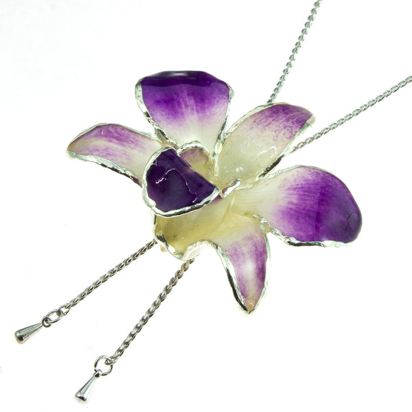 Dendrobium Orchid Silver Slider Necklace with Trim - Purple White