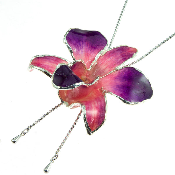 Dendrobium Orchid Silver Slider Necklace with Trim - Purple Pink