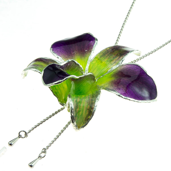 Dendrobium Orchid Silver Slider Necklace with Trim - Purple Green